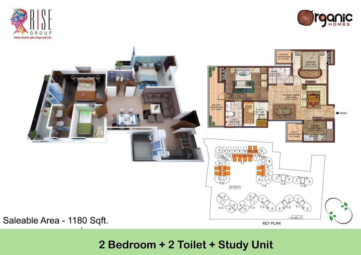 Floor plan of 2 BHK 1180 Sq. Ft. Apartment in Rise Organic Homes, Ghaziabad