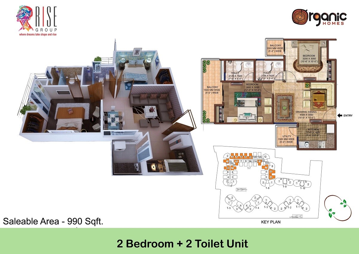 Floor plan of 2 BHK 990 Sq. Ft. Apartment in Rise Organic Homes, Ghaziabad
