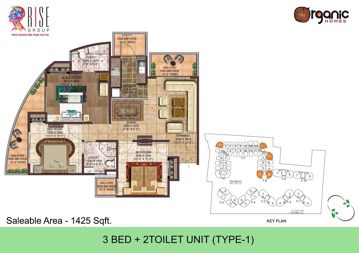 Floor plan of 3 BHK 1425 Sq. Ft. Apartment in Rise Organic Homes, Ghaziabad