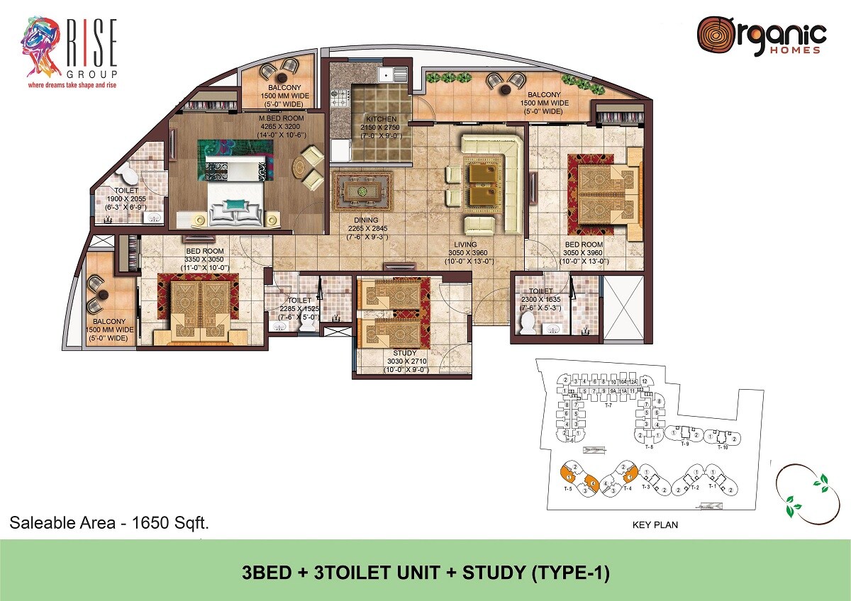 Floor plan of 3 BHK 1650 Sq. Ft. Apartment in Rise Organic Homes, Ghaziabad