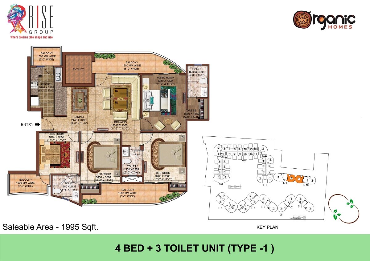 Floor plan of 3 BHK 1995 Sq. Ft. Apartment in Rise Organic Homes, Ghaziabad