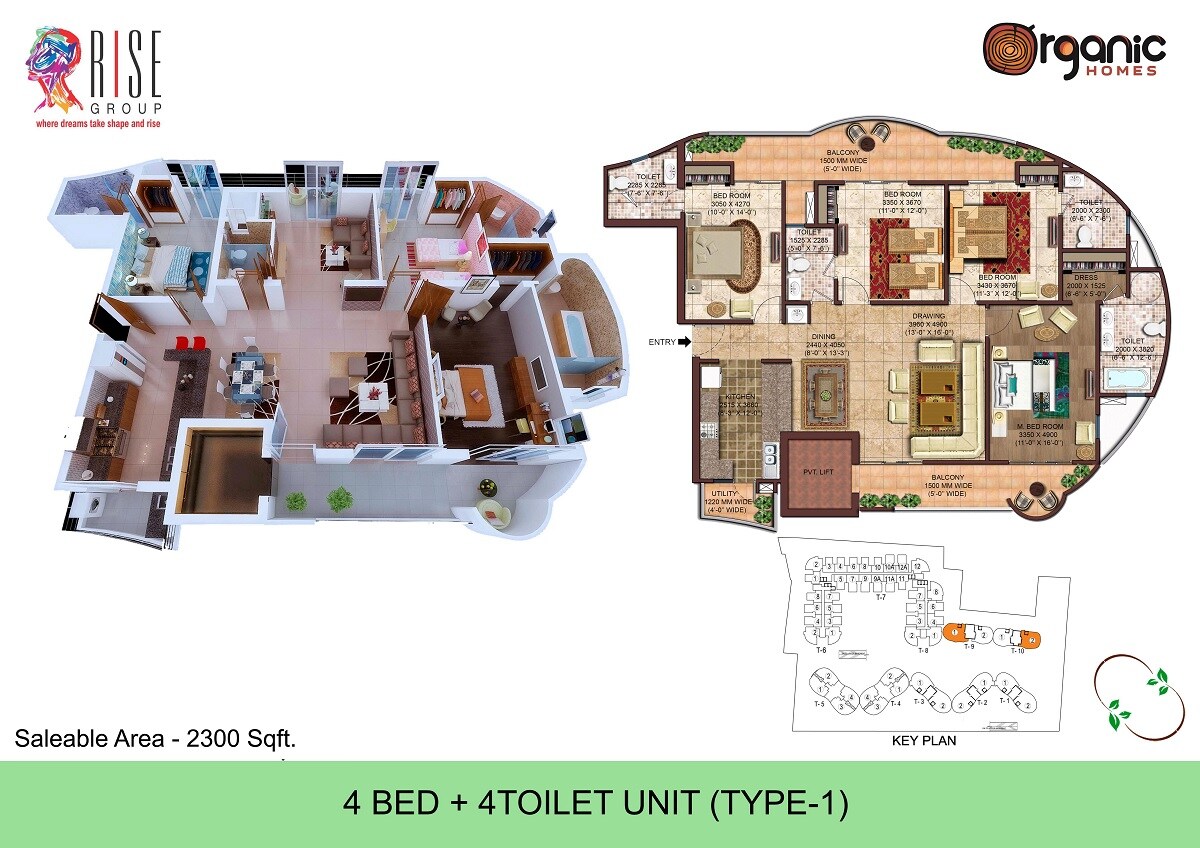 Floor plan of 4 BHK 2300 Sq. Ft. Apartment in Rise Organic Homes, Ghaziabad
