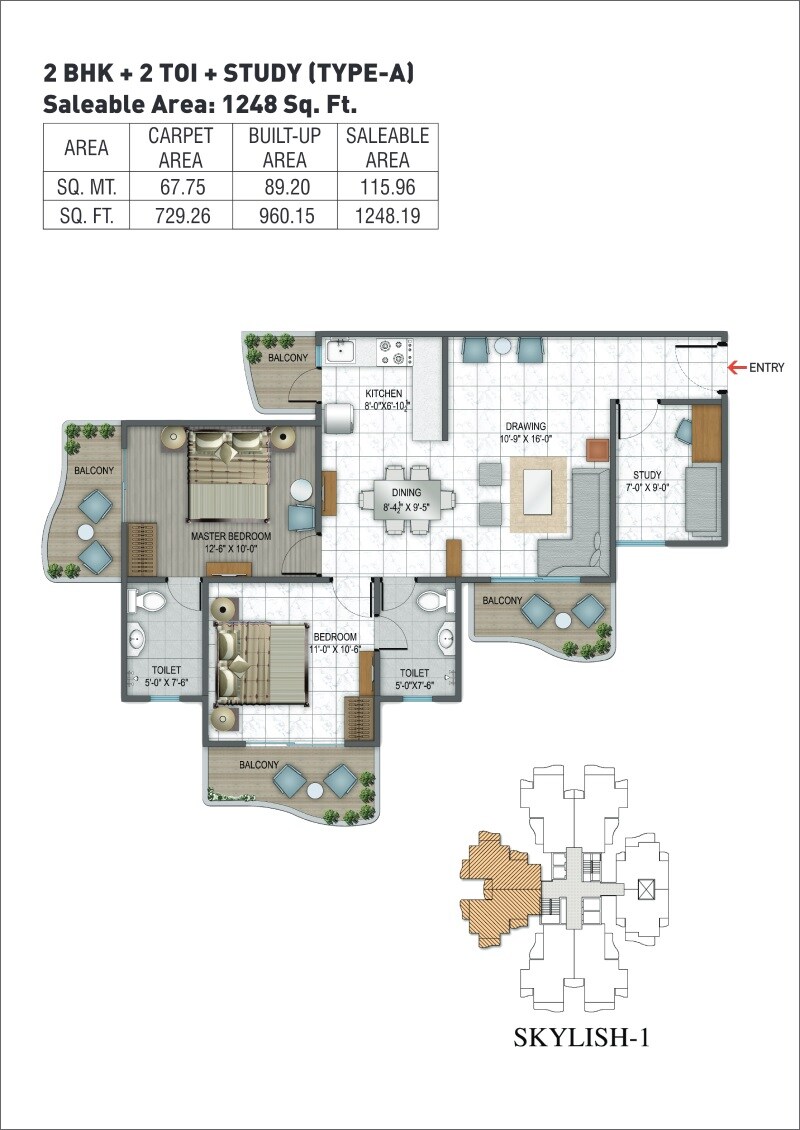 Floor plan of 2 BHK 1248 Sq. Ft. Apartment in Rishabh Hindon Green Valley, Ghaziabad