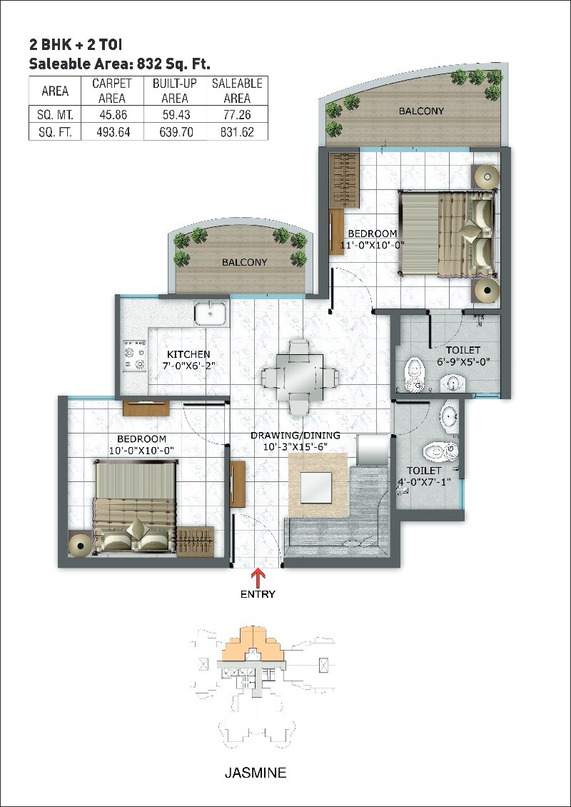 Floor plan of 2 BHK 832 Sq. Ft. Apartment in Rishabh Hindon Green Valley, Ghaziabad