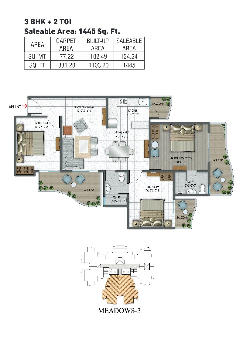 Floor plan of 3 BHK 1445 Sq. Ft. Apartment in Rishabh Hindon Green Valley, Ghaziabad