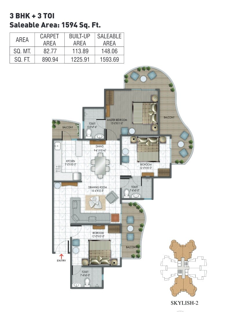 Floor plan of 3 BHK 1594 Sq. Ft. Apartment in Rishabh Hindon Green Valley, Ghaziabad