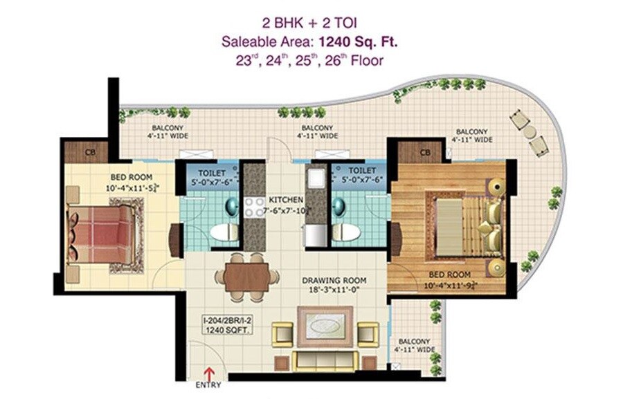 Floor plan of 2 BHK 1240 Sq. Ft. Apartment in Rishabh Iris Tower, Ghaziabad