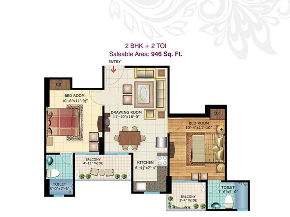 Floor plan of 2 BHK 946 Sq. Ft. Apartment in Rishabh Iris Tower, Ghaziabad