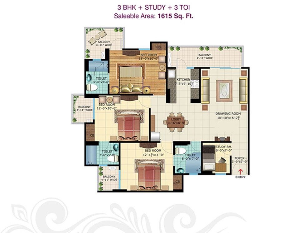 Floor plan of 3 BHK 1615 Sq. Ft. Apartment in Rishabh Iris Tower, Ghaziabad