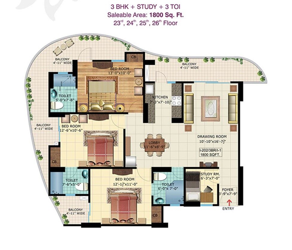 Floor plan of 3 BHK 1800 Sq. Ft. Apartment in Rishabh Iris Tower, Ghaziabad
