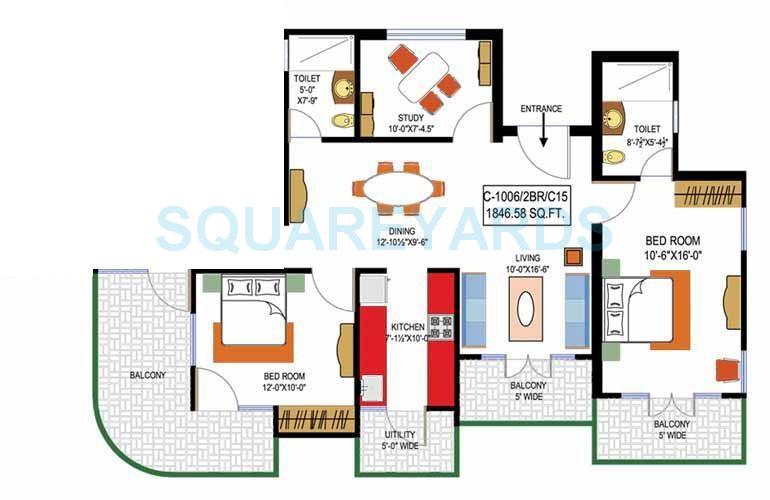 Floor plan of 2 BHK 1050 Sq. Ft. Apartment in Rishabh Paradise, Ghaziabad