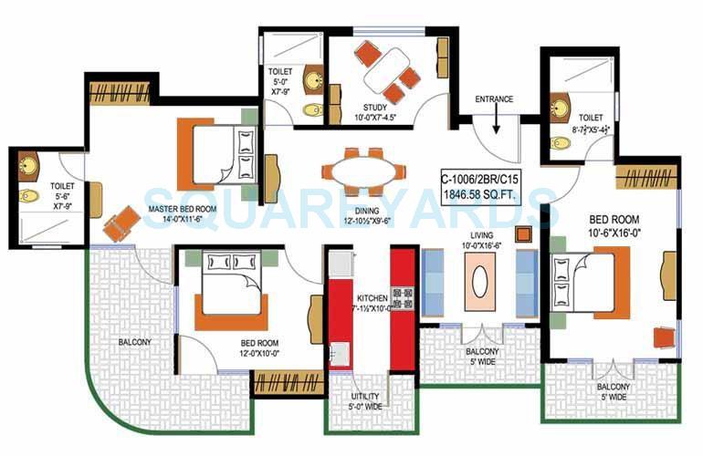 Floor plan of 3 BHK 1570 Sq. Ft. Apartment in Rishabh Paradise, Ghaziabad