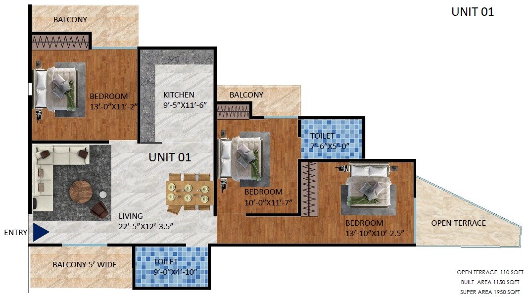 3 BHK 1950 Sq. Ft. Apartment