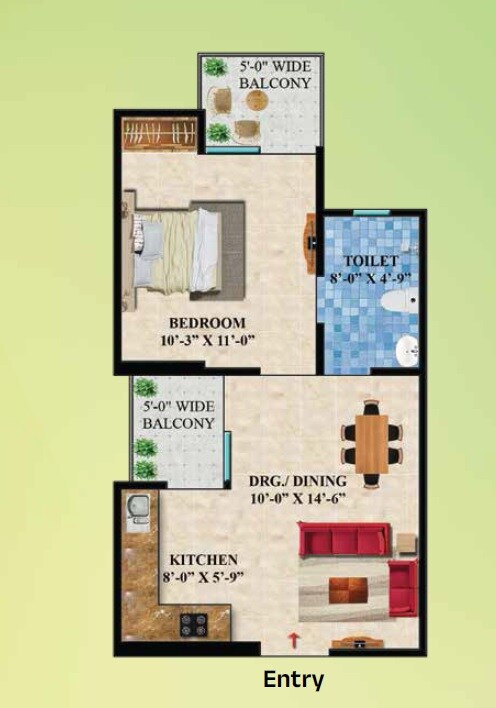Floor plan of 1 BHK 630 Sq. Ft. Apartment in Rockfort Shriram North View Apartments, Ghaziabad