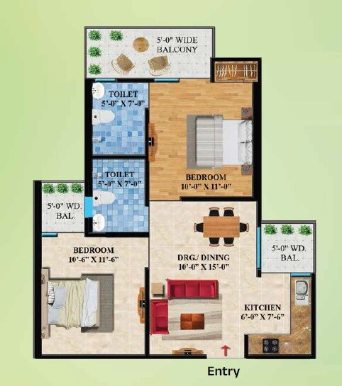 Floor plan of 2 BHK 930 Sq. Ft. Apartment in Rockfort Shriram North View Apartments, Ghaziabad