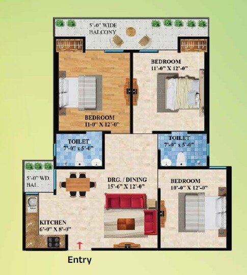 Floor plan of 3 BHK 1285 Sq. Ft. Apartment in Rockfort Shriram North View Apartments, Ghaziabad