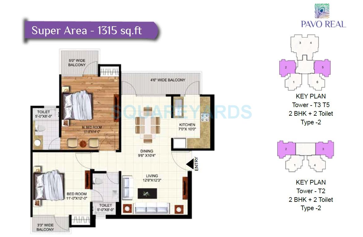 Floor plan of 2 BHK 1315 Sq. Ft. Apartment in Rudra Pavo Real, Ghaziabad