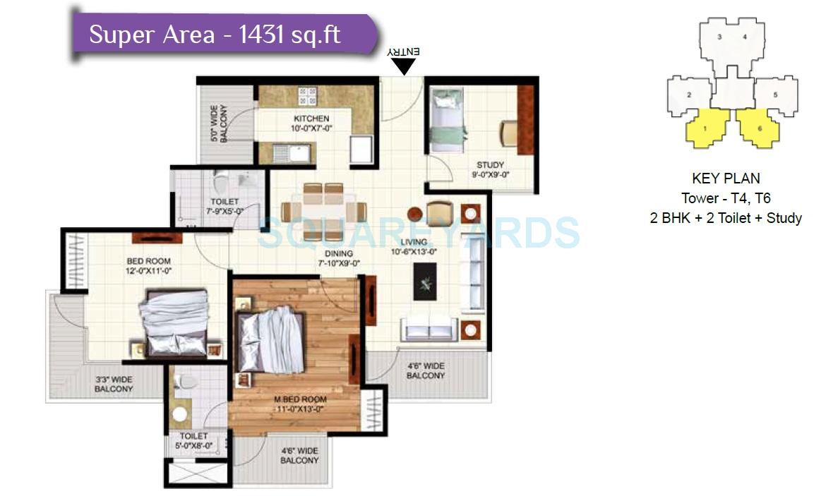 Floor plan of 2 BHK 1431 Sq. Ft. Apartment in Rudra Pavo Real, Ghaziabad