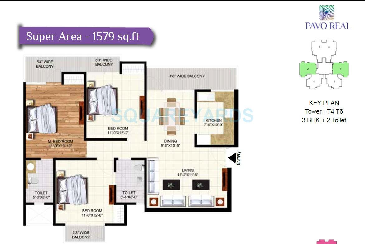 Floor plan of 3 BHK 1579 Sq. Ft. Apartment in Rudra Pavo Real, Ghaziabad