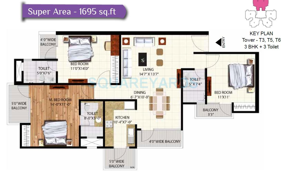Floor plan of 3 BHK 1695 Sq. Ft. Apartment in Rudra Pavo Real, Ghaziabad