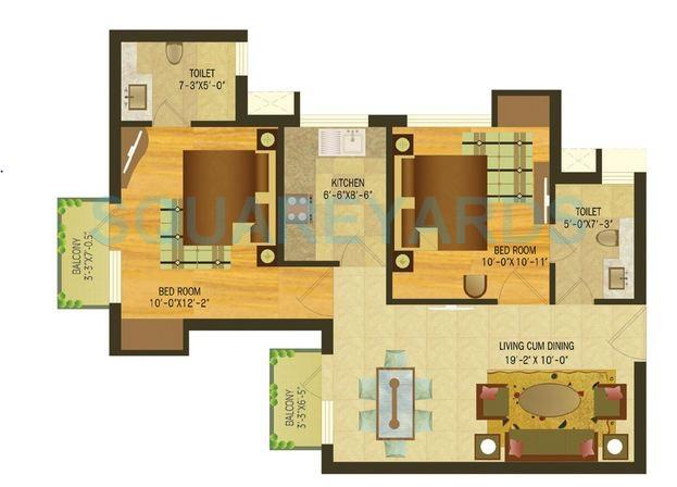 Floor plan of 2 BHK 1033 Sq. Ft. Apartment in SARE Ebony Greens, Ghaziabad