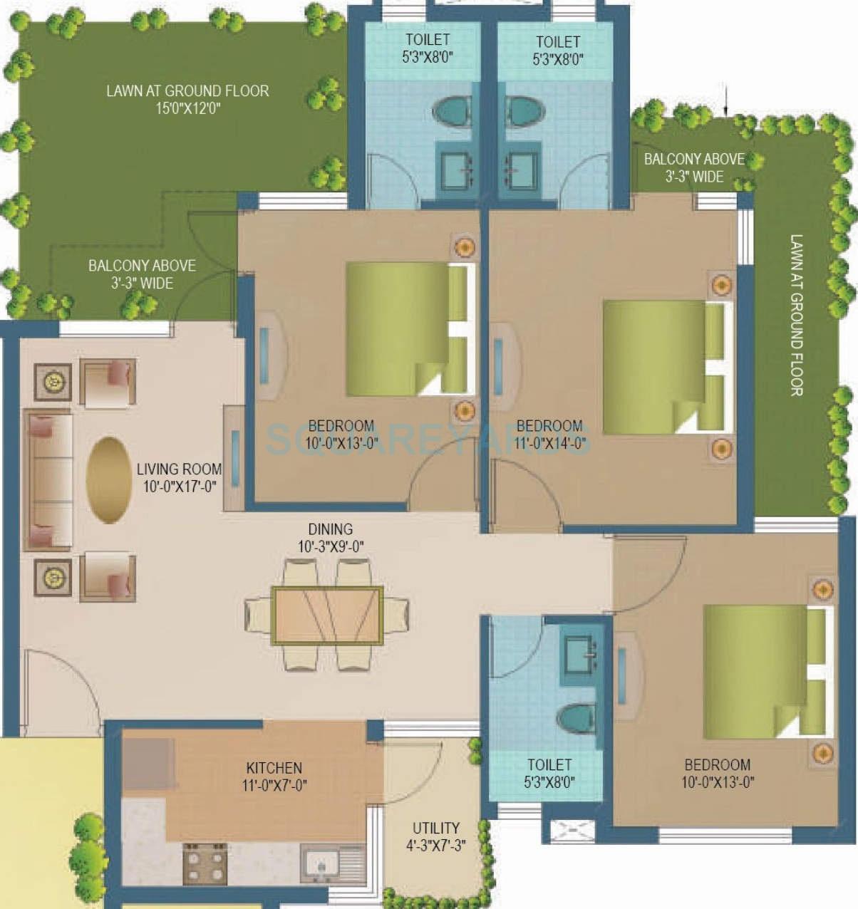 Floor plan of 3 BHK 1100 Sq. Ft. Apartment in SARE Ebony Greens, Ghaziabad