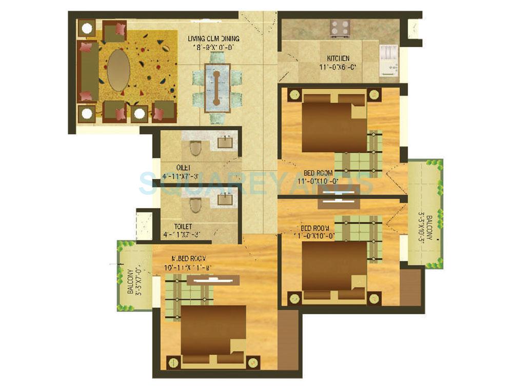 Floor plan of 3 BHK 1244 Sq. Ft. Apartment in SARE Ebony Greens, Ghaziabad