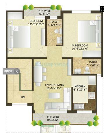Floor plan of 2 BHK 1045 Sq. Ft. Apartment in SARE Springview Floors, Ghaziabad