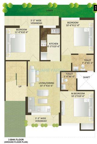 Floor plan of 3 BHK 1048 Sq. Ft. Apartment in SARE Springview Floors, Ghaziabad