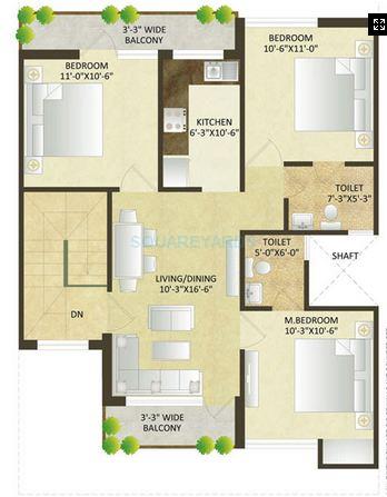 Floor plan of 3 BHK 1291 Sq. Ft. Apartment in SARE Springview Floors, Ghaziabad