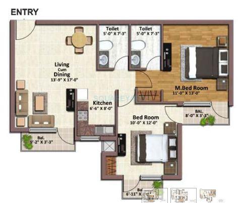 Floor plan of 2 BHK 1090 Sq. Ft. Apartment in SARE Springview Heights, Ghaziabad