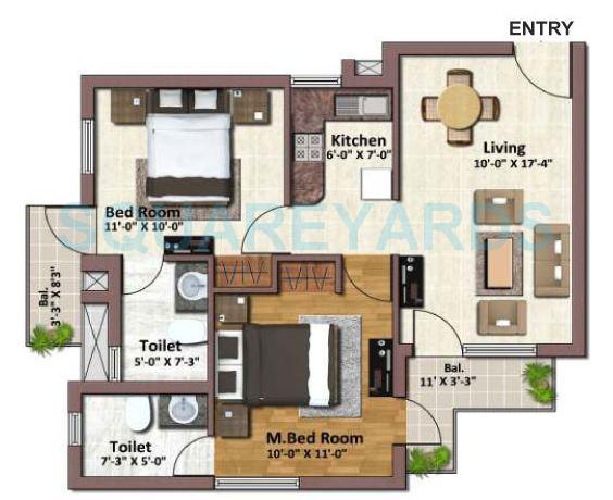 Floor plan of 2 BHK 926 Sq. Ft. Apartment in SARE Springview Heights, Ghaziabad
