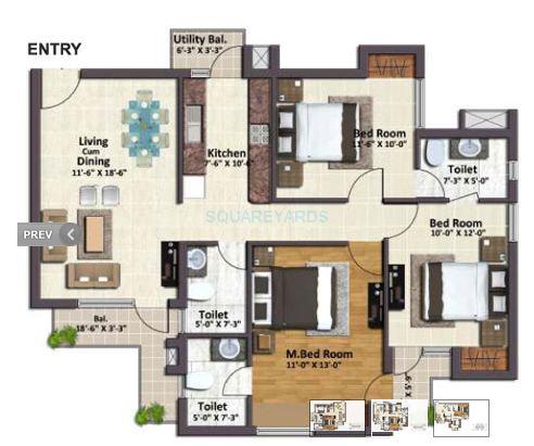 Floor plan of 3 BHK 1423 Sq. Ft. Apartment in SARE Springview Heights, Ghaziabad