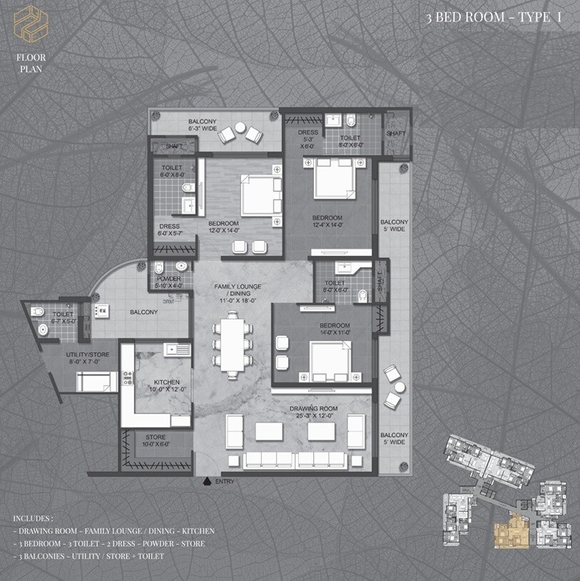 Floor plan of 3 BHK 2680 Sq. Ft. Apartment in Sarena Iris Prime, Ghaziabad