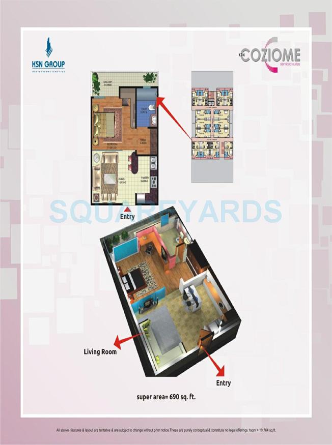Floor plan of 1 BHK Apartment - 690 sq. ft. in Sarvottam KSN Coziome, Ghaziabad
