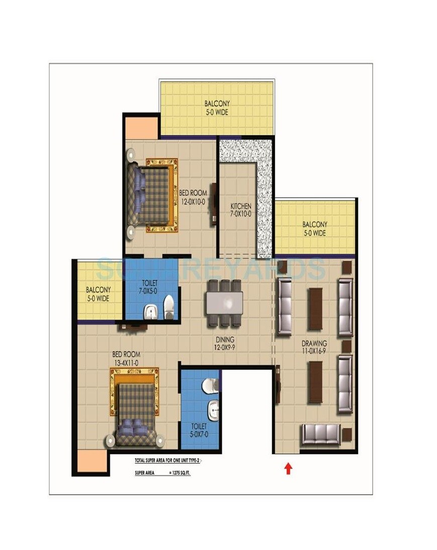 Floor plan of 2 BHK 1275 Sq. Ft. Apartment in Sarvottam KSN Square, Ghaziabad