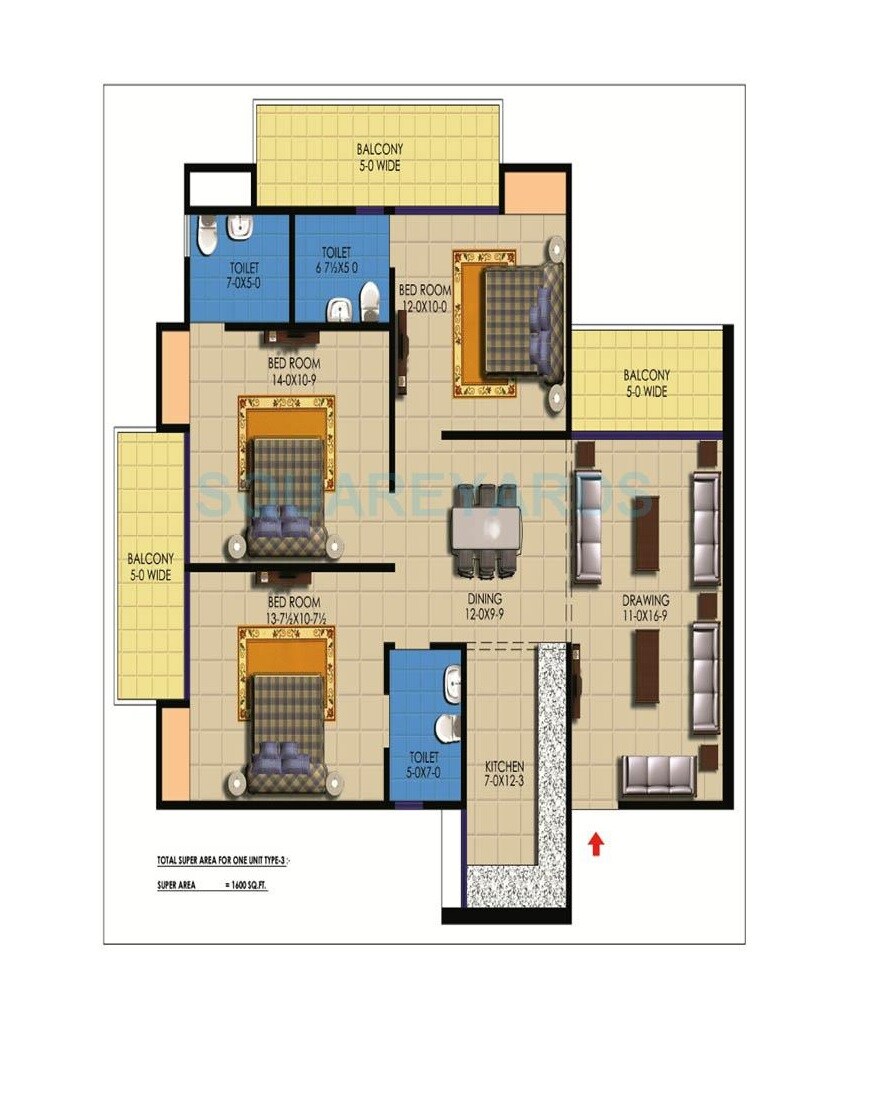 Floor plan of 3 BHK 1600 Sq. Ft. Apartment in Sarvottam KSN Square, Ghaziabad