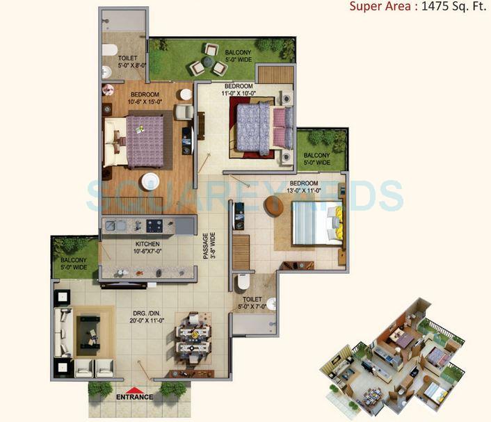 Floor plan of 3 BHK 1425 Sq. Ft. Apartment in Sarvottam La Royale, Ghaziabad