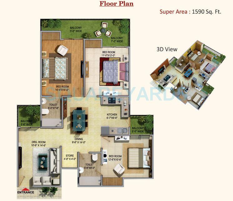 Floor plan of 3 BHK 1590 Sq. Ft. Apartment in Sarvottam La Royale, Ghaziabad