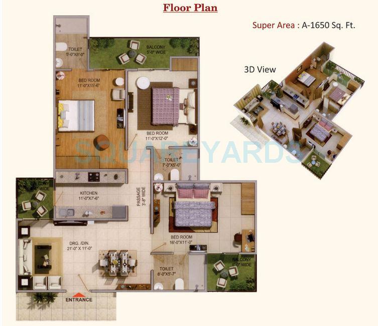 Floor plan of 3 BHK 1650 Sq. Ft. Apartment in Sarvottam La Royale, Ghaziabad