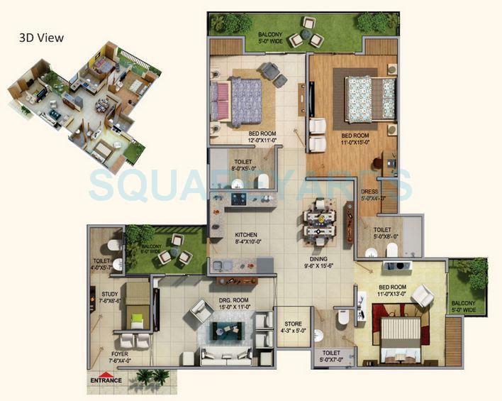 Floor plan of 3 BHK 1995 Sq. Ft. Apartment in Sarvottam La Royale, Ghaziabad