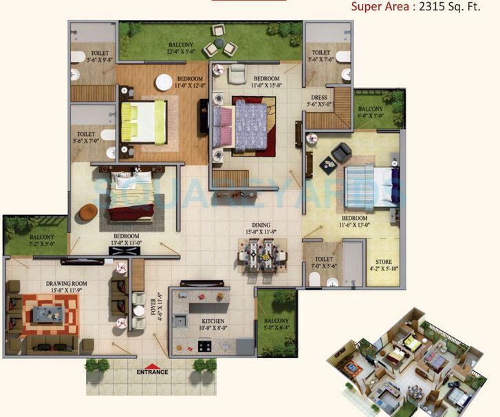 Floor plan of 4 BHK 2315 Sq. Ft. Apartment in Sarvottam La Royale, Ghaziabad
