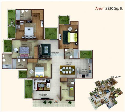 Floor plan of 4 BHK 2830 Sq. Ft. Apartment in Sarvottam La Royale, Ghaziabad