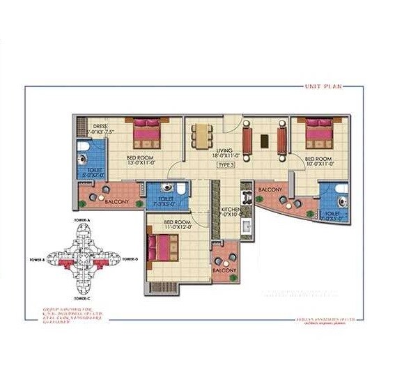 Floor plan of 3 BHK 1650 Sq. Ft. Apartment in Sarvottam Pride, Ghaziabad