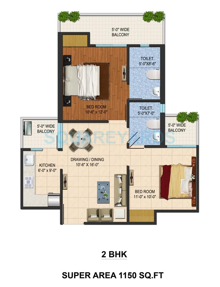 Floor plan of 2 BHK 1150 Sq. Ft. Apartment in Sarvottam Shree, Ghaziabad