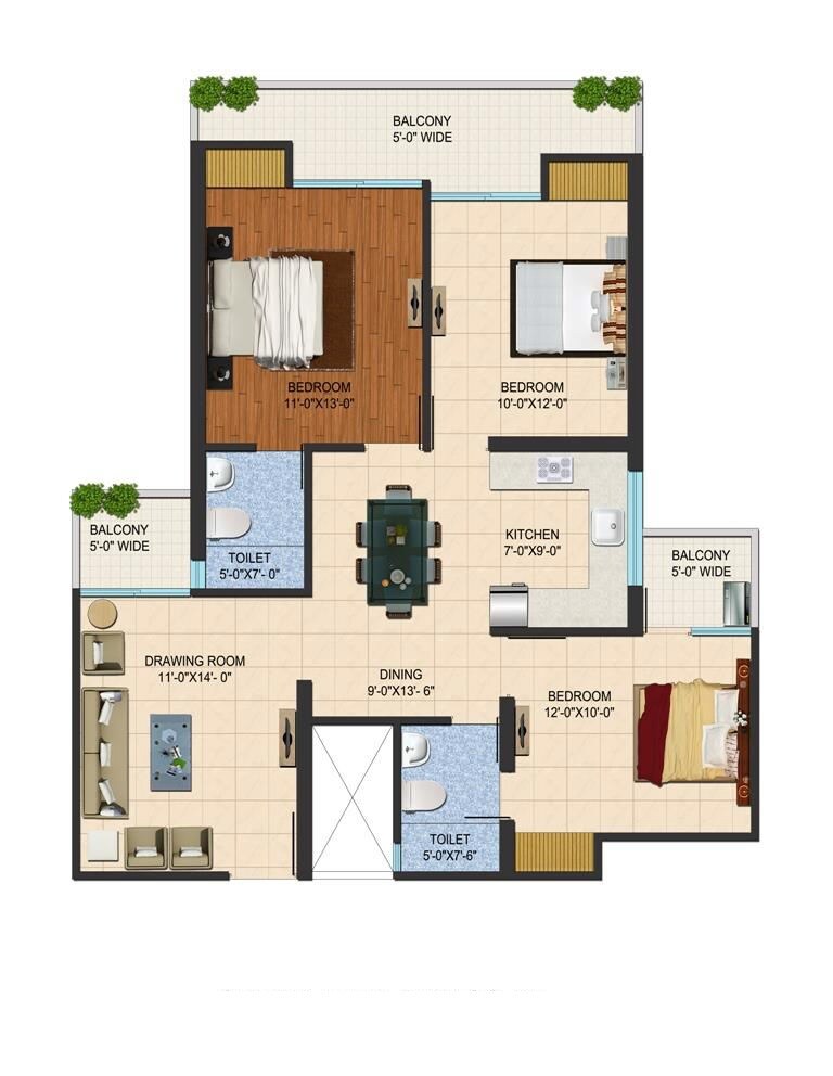 Floor plan of 3 BHK 1300 Sq. Ft. Apartment in Sarvottam Shree, Ghaziabad
