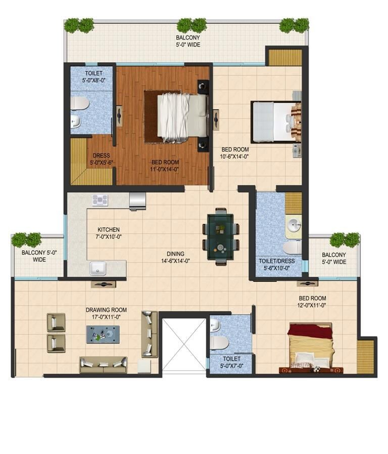 Floor plan of 3 BHK 1975 Sq. Ft. Apartment in Sarvottam Shree, Ghaziabad