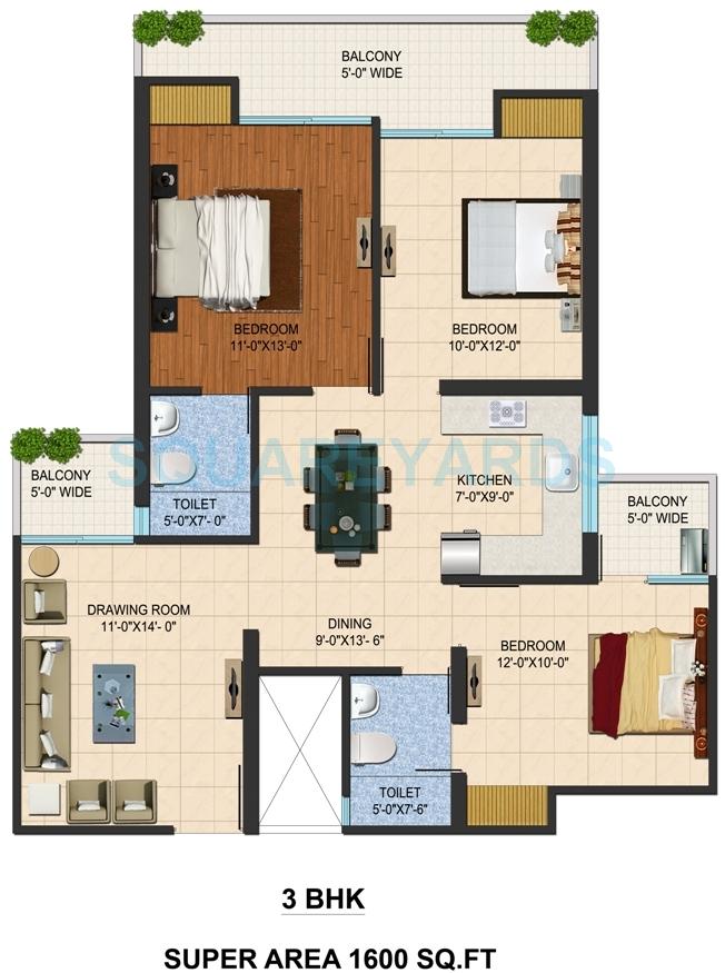 Floor plan of 3 BHK 1600 Sq. Ft. Apartment in Sarvottam Shree, Ghaziabad