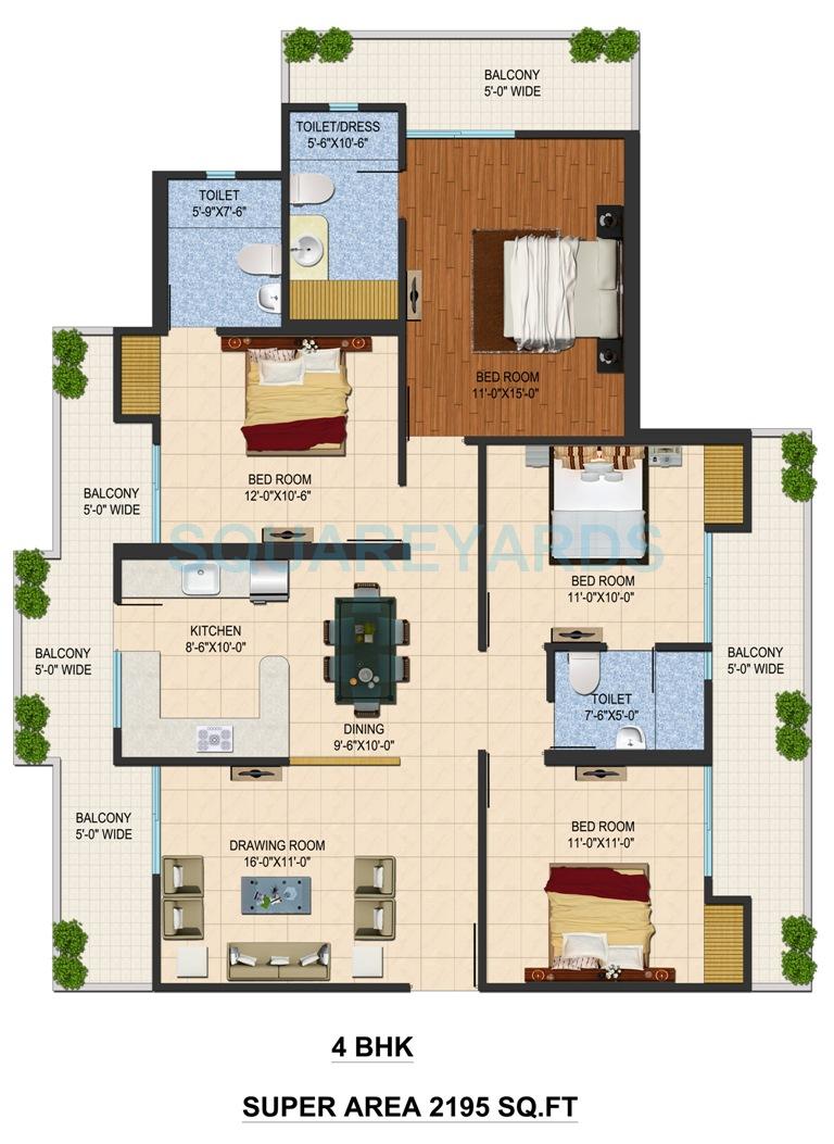 Floor plan of 4 BHK 2195 Sq. Ft. Apartment in Sarvottam Shree, Ghaziabad