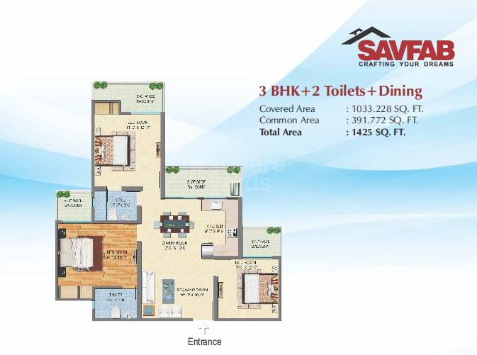 Floor plan of 3 BHK 1425 Sq. Ft. Apartment in Savfab Jasmine Grove, Ghaziabad